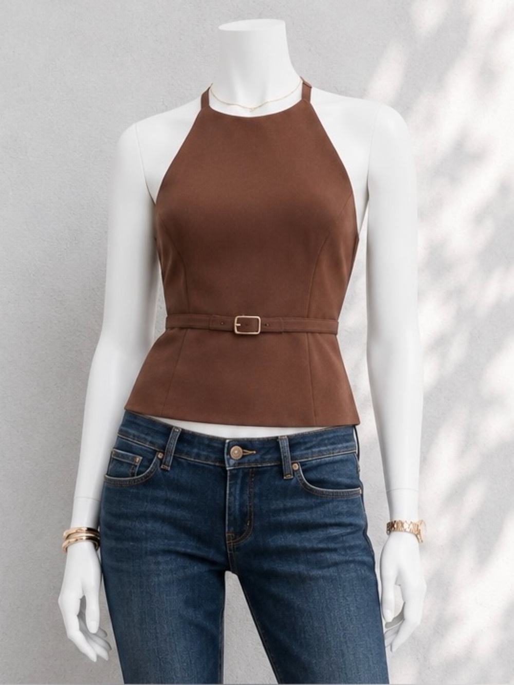 Meshki Brown Halter Top Letitia Suiting L Buckle Peplum Workwear Tank L